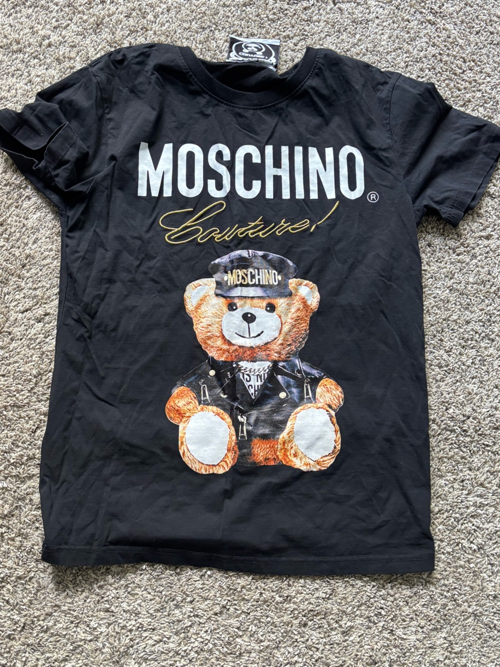 Moschino Black Tee with White Logo and Gold Script